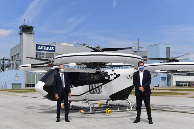 Markus SOEDER State Premier of Bavaria and CSU Chairman inspects the Airbus air taxi CITYAIRBUS Markus SOEDER State Premier of Bavaria and CSU Chairman visits the Airbus helicopter factory in Donauwoerth on 20 07 2020