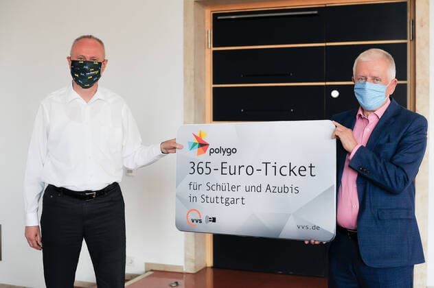 365 Euro Ticket Public Transport City and VVS offer 365 Euro Ticket for pupils and trainees a performance with Mayor Kuhn and VVS Managing Director Horst Stammler Stuttgart Baden Wuerttemberg Germany Copyright: xMaxxKovalenkox