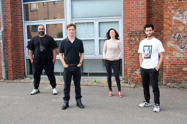 Marwan Moussa, Jonas Nay, director Randa Chahoud and Mehdi Meskar at the photo shoot for the premiere of the movie Nur ein Augenblick on 12 08 2020 in Hamburg Photocall for the Nur ein Augenblick Kino Premiere in Hamburg