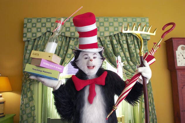 THE CAT IN THE HAT MIKE MYERS as the Cat Date: 2003. Strictly editorial use only in conjunction with the promotion of the film. Credit line mandatory. This image is copyright of the film company and is supplied under the terms of issue as film still. No commercial or book cover use permitted without prior consent from the film company.  Mandatory credit line: Image courtesy UNIVERSAL STUDIOS DREAMWORKS LLC Ronald Grant Archive Mary