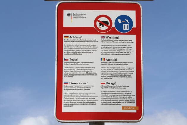 View on Thursday 10 09 2020 at the car park Warnowtal on a sign indicating the transmission of African swine fever African swine fever is currently spreading in many European wild boar herds mor