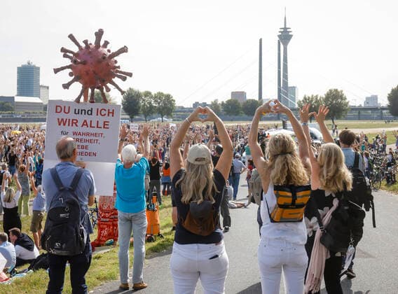 Duesseldorf, North Rhine-Westphalia, Germany Demonstration against the health policy of the Federal Government and the measures to limit the spread of the coronavirus pandemic, corona deniers, opponents of vaccination and adherents of diffuse conspiracy theories, demonstrate against restrictions on freedom to contain the corona crisis Duesseldorf North Rhine-West