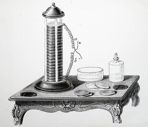 Engraving depicting Alessandro Volta s pile: the first electric battery made up of discs of zinc, copper, cloth moistened with acid, zinc, and so on. WorldxHistoryxArchive 917_05_WHA_144_0273
