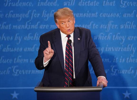 President Donald Trump speaks during the first of three scheduled 90 minute presidential debates with Democratic presidential nominee Joe Biden, in Cleveland, Ohio, on Tuesday, September 29, 2020. Copyright: xKevinxDietschx xPoolxviaxCNPx MediaPunchx