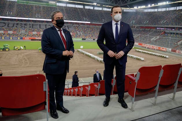 MP of NRW and Federal Minister of Health visit vaccination centre in Duesseldorf State Premier of NRW Armin Laschet and Federal Minister of Health Jens Spahn visit vaccination centre together and a tour of the Fortuna stadium Duesseldorf Duesseldorf North Rhine-Westphalia