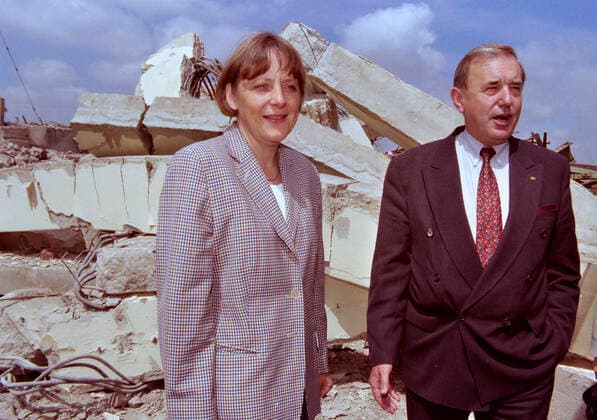 Angela Merkel Bitterfeld, DEU, 09 07 1997 Federal Environment Minister Angela Merkel visits a former chemical factory in Bitterfeld Saxony Anhalt Germany with the head of the Federal Employment Agency Bernhard Jagoda