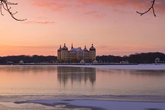 Moritzburg Baroque Castle Miritzburg on a winter evening Moritzburg Saxony GERMANY