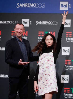 photo IPP Andrea Oldani Sanremo 02 03 2021 sanremo festival 71st italian song festival photocall press conference in the photo the conductor amadeus Amedeo Umberto Rita Sebastiani and Matilda De Angelis  0