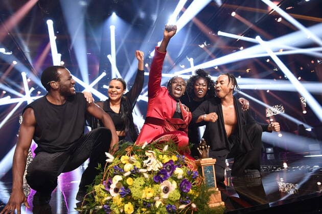 The winner of the Swedish Melodifestivalen Tusse Tousin Chiza celebrates with his dancers on stage at Annexet in Stockholm, Sweden on March 13, 2021 Tusse will represent Sweden at the Eurovision Song Contest 2021 in Rotterdam in May with the song Voices STOCKOLM SWEDEN MUSIC x10060x,  Copyright: xHenrikxMontgomery TTx SWEDEN MELODIFESTIVALEN ESC ENTRY