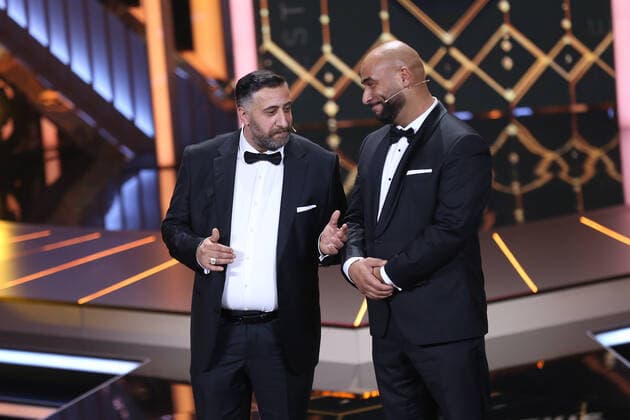 Laudators Kida Khodr Ramadan and Veysel Gelin from the live show of the GOLDEN CAMERA 2019, Tempelhof Airport in Berlin, Copyright: xEventpressx