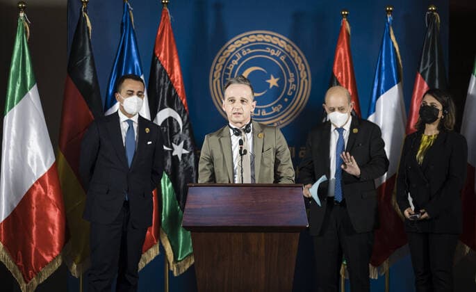 Federal Foreign Minister Heiko Maas, SPD, 2 f l taken at a joint press conference with Jean Yves Le Drian, Foreign Minister of the French Republic, 2 f r Najla el Mangoush, Foreign Minister of the State of Libya, r and Luigi Di Maio, Foreign Minister of Italy, l in Tripoli 25 03 2021 in Tripoli 25 03 2021 Tripoli Libya Copyright: xFelixxZahn photothek.netx