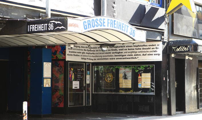 At the legendary Hamburg live music club and cinema Docks on St Pauli, posters hang on the walls of the entertainment venue, which is closed due to the lockdown, demonstrating against the Corona measures of the federal government After various promoters have announced to boycott the club in the future because of thi