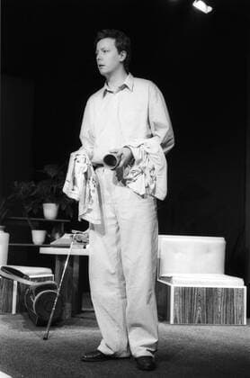 Matthias Brandt actor 02 91 ue Matthias Brandt in February 1991 in the play Goldener Westen by Sam Shepard Germany German German man acting film TV television theater drama stage scene True West german actor tall whole standing detached neutral bw