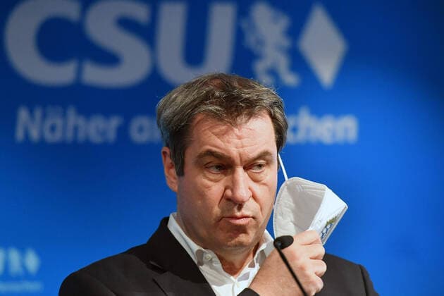 Markus SOEDER State Premier of Bavaria and CSU Chairman , with ffp2 mouth guard,mask, single image,cropped single subject,portrait,portrait press conference CSU after video conference of the CSU presidium in the CSU headquarters in Munich