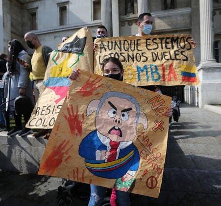 May 5, 2021, London, England, United Kingdom: Hundreds of Colombians staged a demonstration in LondonÃ¢â‚¬â ¢s Trafalgar Square against government in their country after hundreds of people injured and dozens reportedly killed during protests in last week. Protests in Colombia started on 28 April against the now shelved tax reform. President IvoÂ¡n Duque announced on Sunday that he would withdraw the tax reform but protests have continued in Colombia s major cities. The umbrella group that called the protests has convened a nationwide strike for today saying the withdrawal of the reform was not enough. Group also wants improvements to Colombia s pension, health and education systems. Protesters were angry at the use of force by the securi - ZUMAs262 20210505_zip_s262_107 Copyright: xTayfunxSalcix