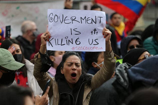 May 5, 2021, London, England, United Kingdom: Hundreds of Colombians staged a demonstration in LondonÃ¢â‚¬â ¢s Trafalgar Square against government in their country after hundreds of people injured and dozens reportedly killed during protests in last week. Protests in Colombia started on 28 April against the now shelved tax reform. President IvoÂ¡n Duque announced on Sunday that he would withdraw the tax reform but protests have continued in Colombia s major cities. The umbrella group that called the protests has convened a nationwide strike for today saying the withdrawal of the reform was not enough. Group also wants improvements to Colombia s pension, health and education systems. Protesters were angry at the use of force by the securi - ZUMAs262 20210505_zip_s262_070 Copyright: xTayfunxSalcix