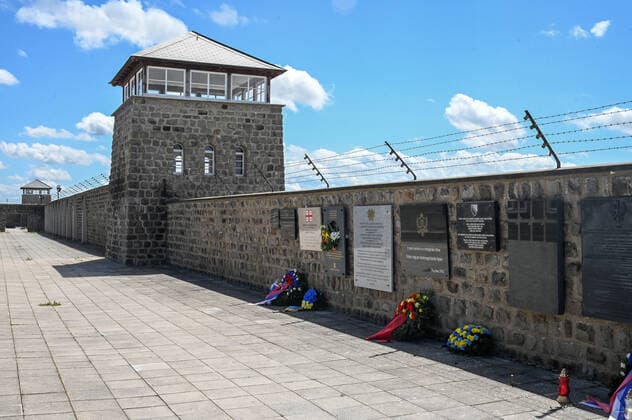 76 Memorial day on 16 05 21, for the liberation of the concentration camp Mauthausen in Upper Austria, by American troops, after the disintegration of Hitlers Germany, on 6 May 1945 The picture shows a view of an inner wall with watchtower 2021 76 Memorial day, on 16 05 21, for the liberation of the concentration camp Mauthausen in Upper Austria