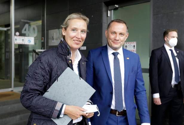 Alice Weidel, Co-Chairman of the AfD Bundestag faction, Tino Chrupalla, Deputy Chairman of the AfD Bundestag faction and top candidate for the Bundestag election, before the AfD press conference at the Federal Press Conference, PK to present the top duo for the Bundestag election 2021, DEU, Berlin, 25 05 2021