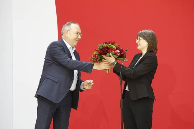 Norbert Walter Borjans, SPD party chairman, SPD top candidate in the state parliamentary elections in Saxony-Anhalt, Katja Pähle, Germany, Berlin,SPD press conference