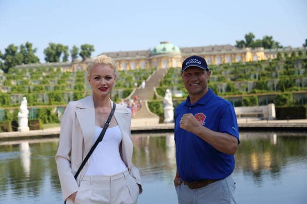 Model Franziska Knuppe and ex-boxer Axel Schulz pose as ambassadors for Brandenburg at this years German Unity Day at Sanssouci Palace in Potsdam, 17 June 2021 Presentation Unity Ambassador Brandenburg