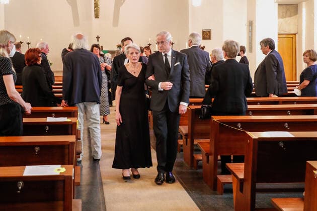 Susanne Pillau, Hans Juergen Schatz leaving the church after the funeral service for Horst Pillau in the Ev Kirche zum Heilsbronnen, Berlin