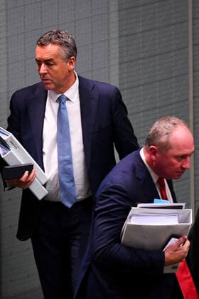 QUESTION TIME, Austrlaian Veterans? Affairs Minister Darren Chester (left) and Australian Deputy Prime Minister Barnaby Joyce leave at the end of House of Representatives Question Time at Parliament House in Canberra, Tuesday, June 22, 2021. ( NO ARCHIVING, EDITORIAL USE ONLY, NO USE IN BOOKS WITHOUT CONSENT CANBERRA ACT AUSTRALIA  Copyright: xLUKASxCOCHx 20210622001551658449