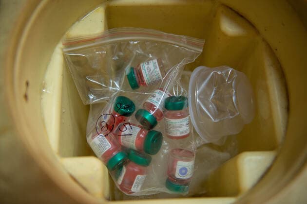 June 27, 2021, New Delhi, India: Polio vaccine vials seen at the vaccine distribution centre at Kasturba Hospital, during a national Pulse Polio Immunisation (PPI) programme..Health department, WHO, UNICEF, Rotary and other civil society organizations conduct a large-scale pulse polio drive from June 27 to June 29 2021 in all over India, Over 110 million (mn) children under five years of age will be vaccinated against polio over the three days. New Delhi India - ZUMAs197 20210627_zaa_s197_110 Copyright: xPradeepxGaurx