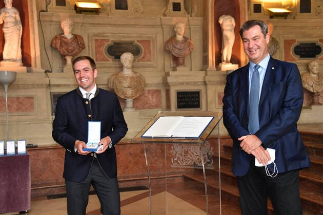 Philipp Lahm and Dr Markus Söder Bavarian Prime Minister Award of the Bavarian Order of Merit 2021 Honour, Award Antiquarium Residenz Munich 08 July 2021