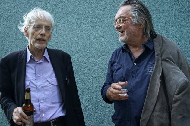 Timm Ulrichs, Hermann Treusch Vernissage of Ulrichs exhibition at studio im HOCHHAUS, Berlin Lichtenberg, 28 8 2016