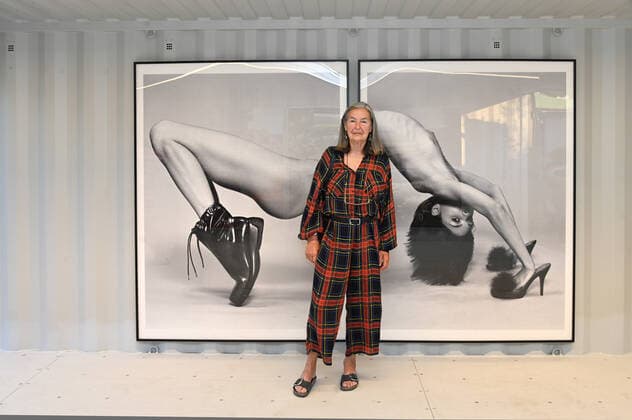 Opening of the art exhibition of photographic objects, in a container village in the Seeviertel in Gmunden, in the context of the Salzkammergut Festwochen Gmunden, on 10 07 21 The picture shows the photographer Elfie Semotan in front of her large-format photographs 2021 Opening of the art exhibition of photographic