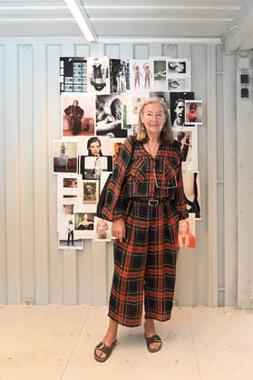 Opening of the art exhibition of photographic objects, in a container village in the Seeviertel in Gmunden, as part of the Salzkammergut Festwochen Gmunden, on 10 07 21 The picture shows the photographer Elfie Semotan in front of a collage with her photographs 2021 Opening of the art exhibition of photographic ob