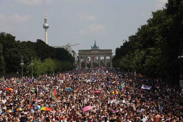 People at the Christopher Street Day demonstration in Berlin on 24 July 2021 German Chancellor Angela Merkel attend Press Conference in Berlin