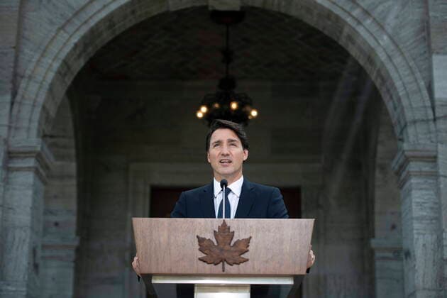 Bilder des Jahres 2021, News 08 August News Themen der Woche KW32 News Bilder des Tages August 15, 2021, Ottawa, on, Canada: Prime Minister Justin Trudeau speaks at a news conference at Rideau Hall after meeting with Governor General Mary Simon to ask her to dissolve Parliament, triggering an election, in Ottawa, on Sunday, Aug. 15, 2021. Ottawa Canada - ZUMAc35_ 20210815_zaf_c35_038 Copyright: xJustinxTangx