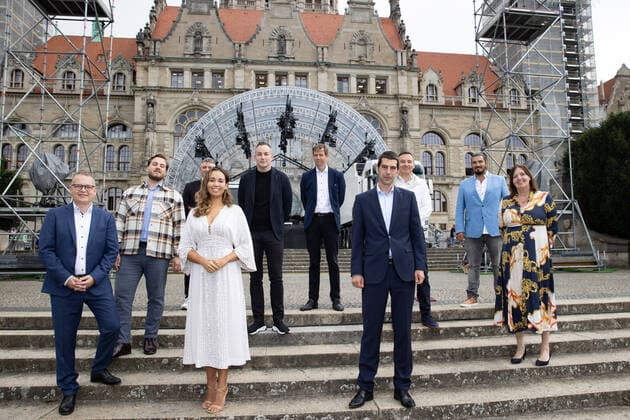Lower Saxony, Hanover, Culture, PK to the Classic Open Air Opera Gala in the Maschpark in Hanover with the world stars Costello, Sierra and Filonczyk on Saturday, August 21, from left Andrzej Filonczyk baritone, Nadine Sierra soprano, Stephen Costello tenor,