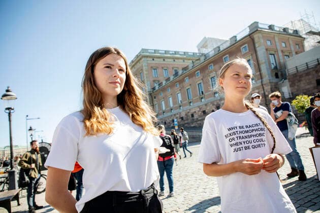 Greta Thunberg and German climate activist Luisa Neubauer on Mynttorget outside the Riksdag building in Stockholm, Sweden, during Fridays for Future climate strike on Friday, August 20, 2021 STOCKHOLM Sweden x10430x,  Copyright: xChristinexOlsson TTx FRIDAYS FOR FUTURE CLIMATE STRIKE
