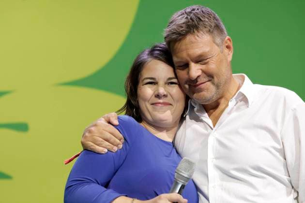 Annalena Baerbock, candidate for chancellor and federal chairwoman of Buendnis 90 Die Gruenen, with Robert Habeck on election night at Columbiahalle, DEU, Berlin, 26 09 2021