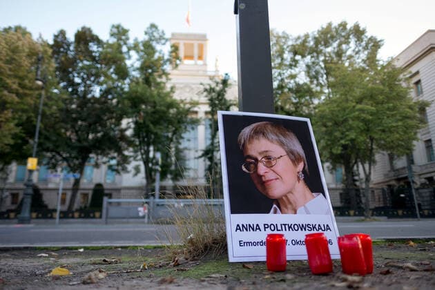 Amnesty International in Germany and Reporters Without Borders commemorate Anna Politkovskaya on October 7 with a vigil in front of the Russian Embassy in Berlin Mitte The Russian jou