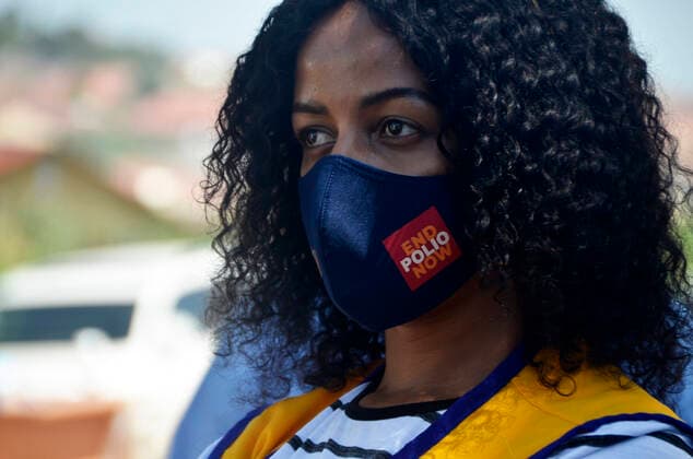 (211024) -- KAMPALA, Oct. 24, 2021 -- Photo taken on Oct. 24, 2021 shows a slogan on participant s face mask which reads End Polio Now during an event to mark World Polio Day in Kampala, Uganda. (Photo by Xinhua) UGANDA-KAMPALA-WORLD POLIO DAY-IMMUNIZATION ACTIVITIES NicholasxKajoba 
