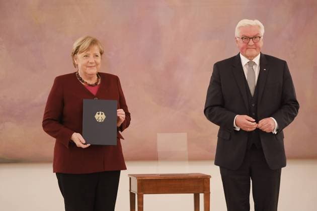German Chancellor Angela Merkel, German President Frank Walter Steinmeier, Germany, Berlin, Bellevue Palace, Dismissal of the Chancellor and members of the German government on Tuesday, October 26, 2021.