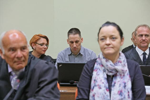 Munich NSU trial day 437 Tuesday 03 07 2018 Behind Ralf Wohlleben with lawyer Schneider in front Left lawyer Dr Hermann Borchert with Beate Zschaepe on the day, 437, NSU, trial, Munich, Beate Copyright: xEibner-Pressefotox xKoehlerx EP_rkr
