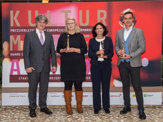 GER Saxony Dresden Gewandhaushotel Award of the European Cultural Brands Prize to 3 prize winners here Markus Rindt Director of the Dresden Symphony Therese Menzel DD Symphony Eliad Moreh Rosenberg and Nemanja Milenkovic vlnr 10 11 21