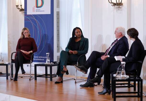 Medical ethicist and Chair of the German Ethics Council Alena Buyx, Aminata Toure, Vice-President of the Schleswig Holstein State Parliament, Federal President Frank Walter Steinmeier, jurist Laura Münkler, Germany, Berlin, Bellevue Palace , Forum Bellevue on the Future of Democracy , 12 Forum Bellevue What can the state learn from the pandemic?