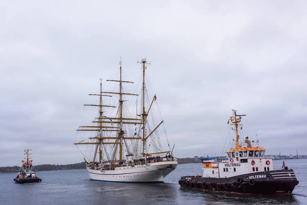 Kiel, Germany 19 November 2021, Naval Base Kiel Wik Cast off Sail training ship Gorch Fock sets sail today after about six years of refurbishment under the command of Captain Nils Brandt with 120 crew members for a training voyage to the Canary Islands and will be underway for 6 months