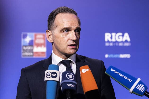 Heiko Maas, German Foreign Minister, speaks to the media at the NATO Foreign Ministers Meeting in Riga, 30 11 2021 Maas travels to Riga for the NATO Foreign Ministers Meeting, where among other things the political situations in Afghanistan and Ukraine will be discussed Riga Latvia Copyright: xFlorianxGaertnerx
