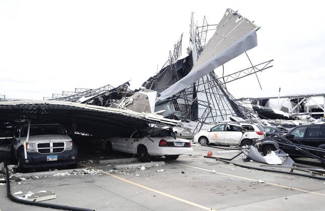 Bilder des Jahres 2021, News 12 Dezember News Themen der Woche KW49 News Bilder des Tages Walls sit on crushed vehicles at the Amazon Hub in Edwardsville, Illinois on Saturday, December 11, 2021. A powerful tornado on Friday, December 10, 2021, leveled the football size plant leaving two dead and several employees missing.  SLP2021121106 BILLxGREENBLATT