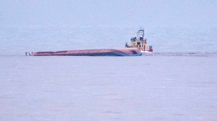 The Danish cargo ship Karin Hoej pictured on the Baltic Sea, between Ystad and Bornholm, after collideing with the British cargo ship Scot Carrier early Monday morning 13 December Karin Hoej has capsized and is floating upside down YSTAD SVERIGE x50090x,  Copyright: xJohanxNilsson TTx SWEDEN SHIP COLLISION
