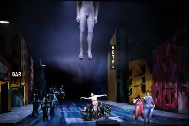 Jonas Grundner Culemann center, as Gods Voice , Thomas Lehman right, as Lucifer and dancers during the photo rehearsal for Antikrist at Deutsche Oper Berlin, January 26, 2022 Opera in two acts by Rued Langgaard Musical direction Stephan Zilias Staging and stage Ersan Mondtag Costumes Annika Lu Hermann and Ersan