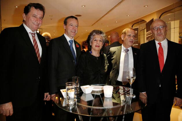 Dr Jerzy Marganski Ambassador Poland Simon McDonald Ambassador Great Britain Hostess Lea Rosh Yakov Hadas HANDELSMAN Israeli Ambassador and Philippe Etienne French Ambassador Charity Dinner for the Room the Names at Holocaust Monument on 4 November 2014 at Hotel Adon in Berlin Copyright: x
