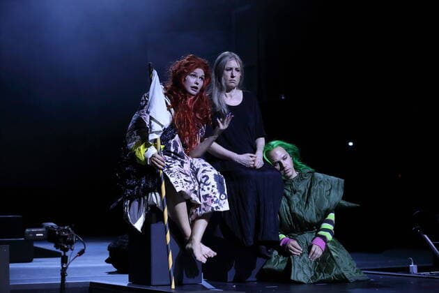 Svenja Liesau as Sister Eddi , Corinna Harfouch as Queen Lear and Oscar Olivo as Clown , v l , during the photo rehearsal for the play Queen Lear at Maxim Gorki Theater Berlin, 19 February 2022 After William Shakespeare Directed by Christian Weise Stage Julia Oschatz Costumes Paula Wellmann Premiere is 20 February 2022 Maxim Gorki Theater Berlin Queen Lear