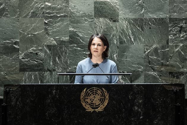 Annalena Baerbock Buendnis 90 Die Gruenen , German Foreign Minister, recorded at the UN General Assembly in New York, 01 03 2022 The United Nations convenes for an emergency meeting due to the war in Ukraine New York USA Copyright: xFlorianxGaertnerx